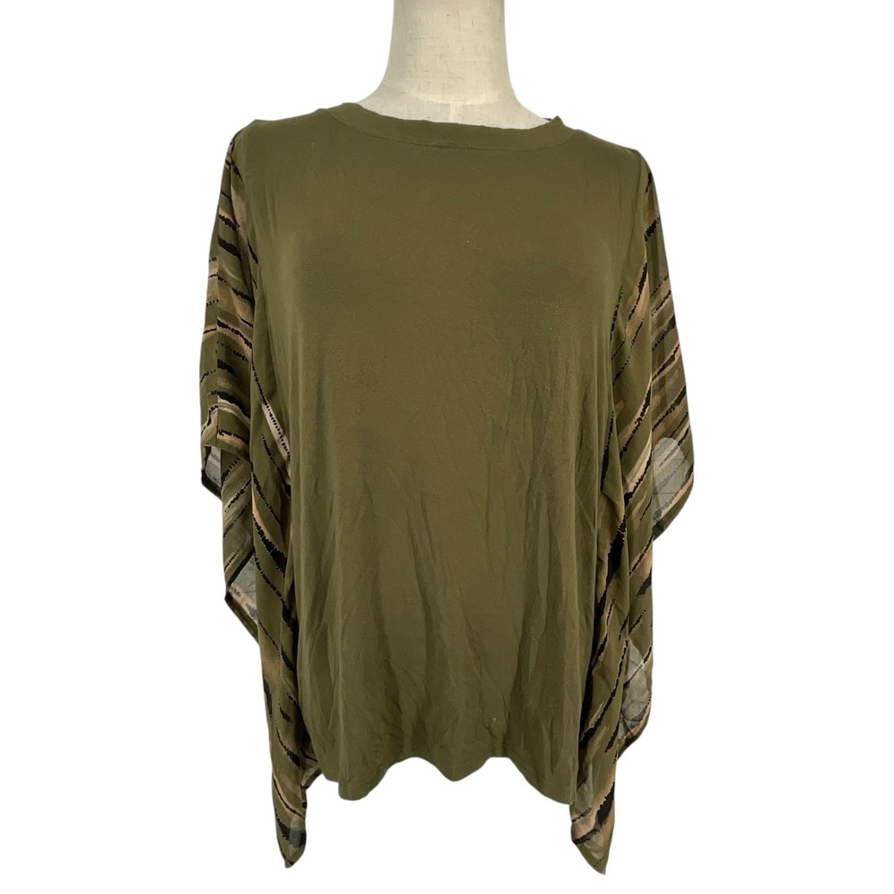 G by Giuliana Women Olive Green Mixed Media Poncho Top Sheer Striped Sleeve S